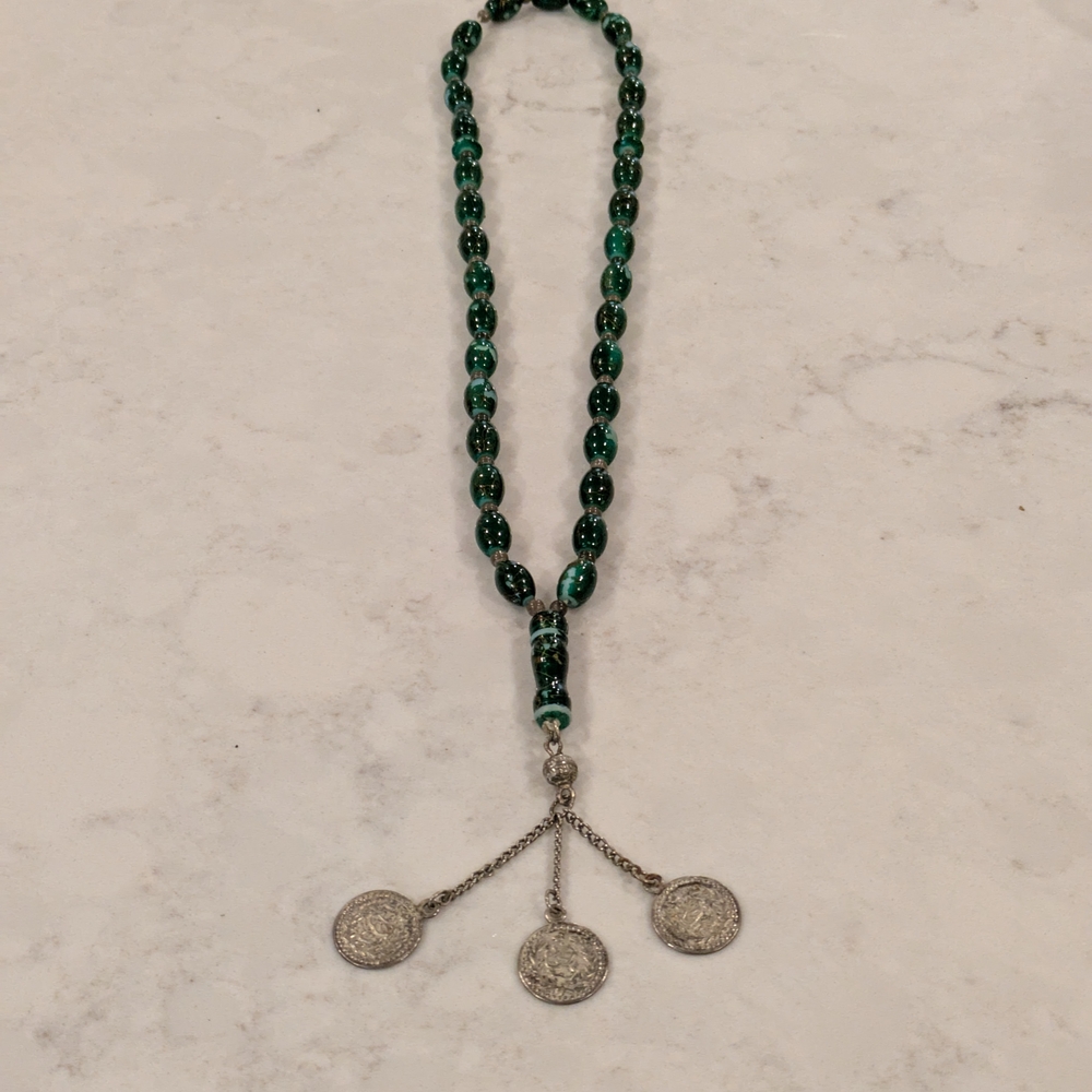 Vintage Prayer Green Beaded with Silver Accents 13".